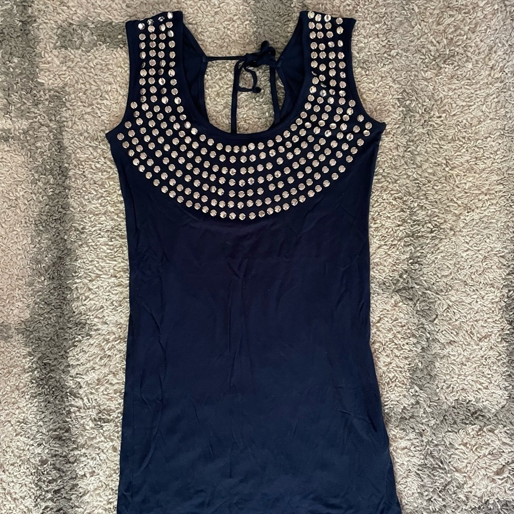 Forever 21 womens navy blue top with silver decor neckline